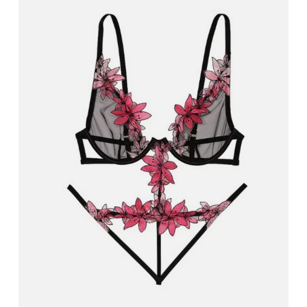 Victoria's Secret Ziggy Glam Floral Embroidery Unlined Cutout Teddy Black Pink S - Picture 7 of 7